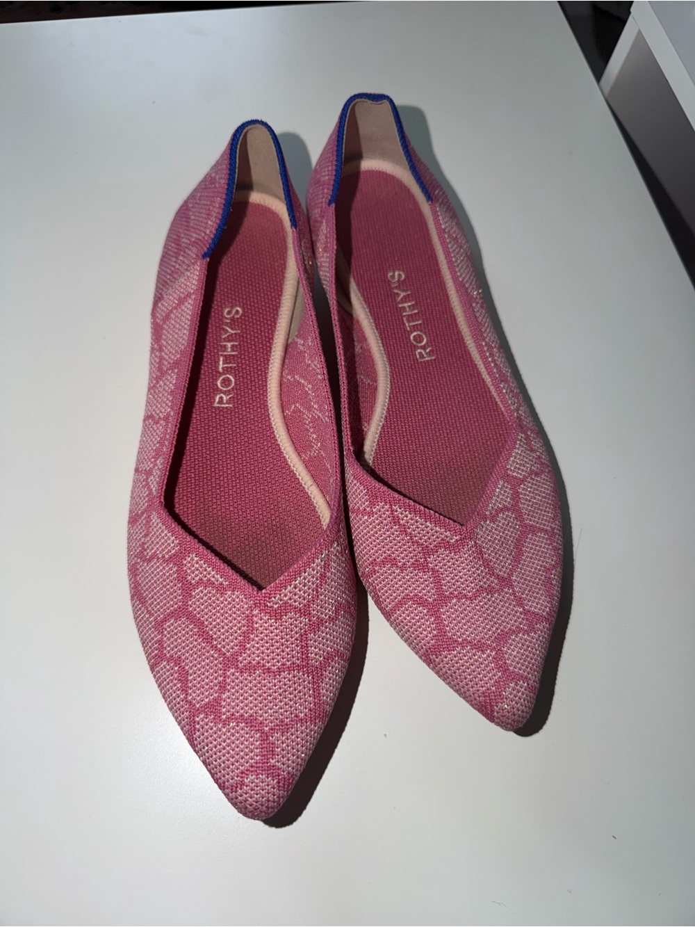 Rothy's Pink Knit Pointed-Toe Flats with Blue Trim